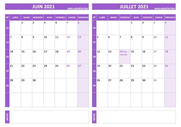 Calendrier juin juillet 2021.