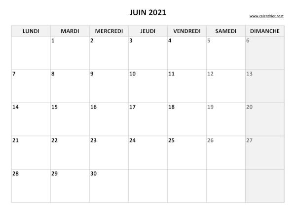 Calendrier du mois de juin 2021 à imprimer.