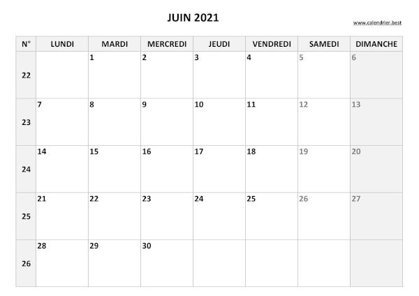 Calendrier du mois de juin 2021 avec semaines à imprimer.