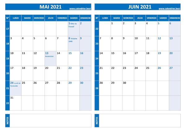 Calendrier mai juin 2021.