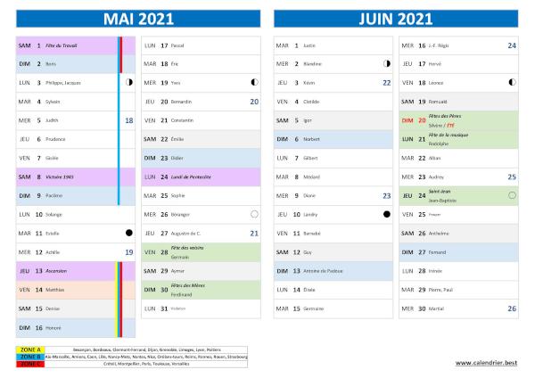 Calendrier des mois de mai et juin 2021 fêtes et Saints du jour. Calendrier mai juin 2021, modèle complet