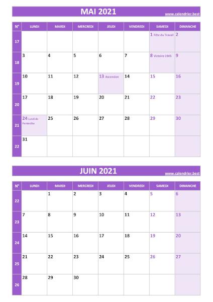 Calendrier mai juin 2021, portrait, violet.