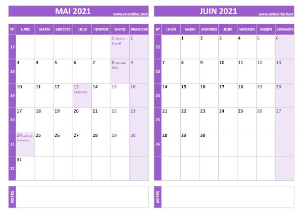 Calendrier mai juin 2021.