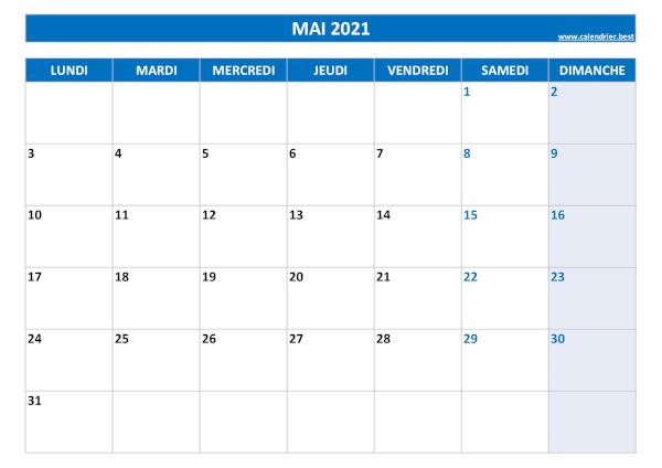 Calendrier Mai 2021 à imprimer.