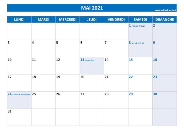 Calendrier Mai 2021 à imprimer avec jours fériés.