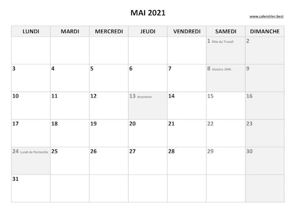 Calendrier du mois de mai 2021 avec jours fériés à imprimer.