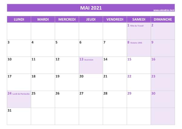 Calendrier Mai 2021 à imprimer avec jours fériés.