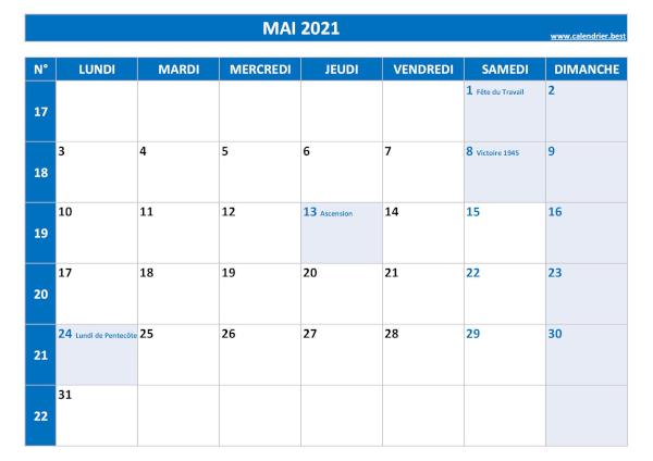 Calendrier mai 2021 à imprimer.