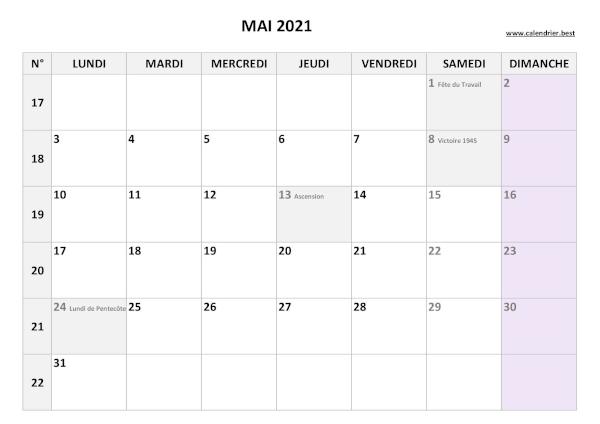 Calendrier Mai 2021 avec semaines.