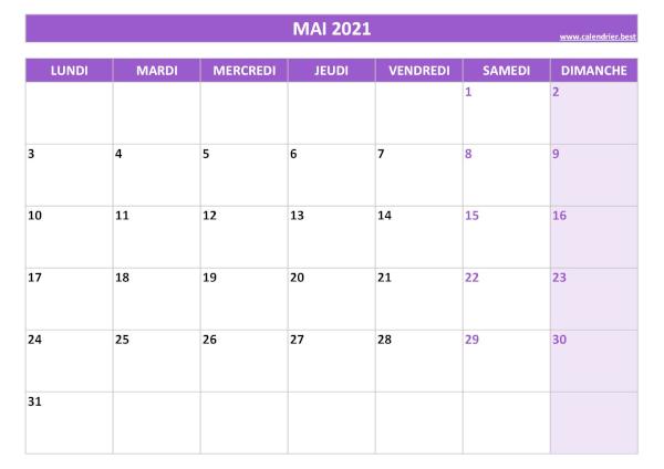 Calendrier du mois de mai 2021 à imprimer.