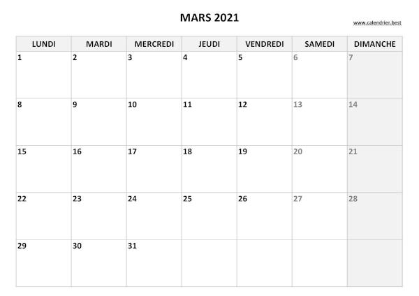 Calendrier du mois de mars 2021 à imprimer.