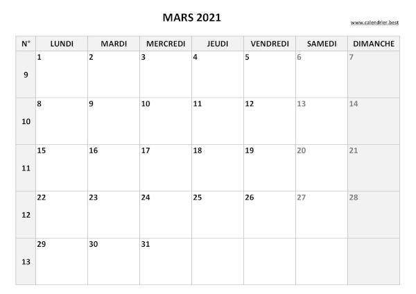Calendrier du mois de mars 2021 avec semaines à imprimer.