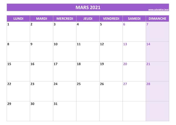 Calendrier mars 2021 à imprimer.