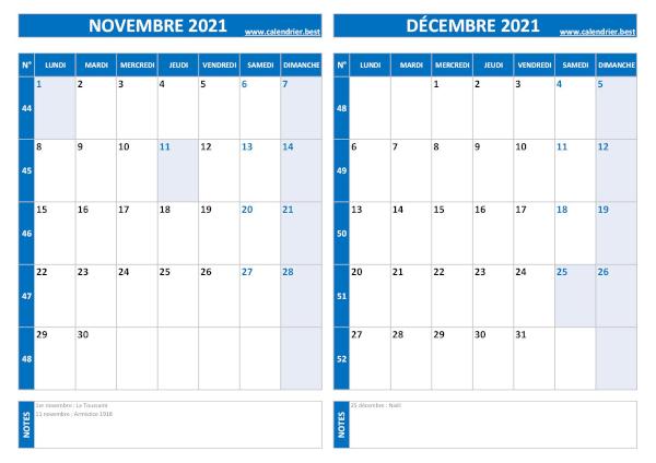 Calendrier de novembre et décembre 2021 à imprimer sur une page au format paysage, template bleu. Calendrier novembre décembre 2021.