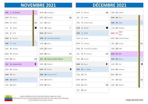 Calendrier des mois de novembre et décembre 2021 avec fêtes et Saints du jour. Impression sur une page au format A4 paysage. Calendrier novembre décembre 2021 avec saints.