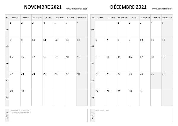 Calendrier de novembre et décembre 2021 à imprimer sur une page au format paysage, template gris. Calendrier novembre décembre 2021.