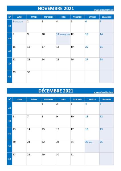 Calendrier des mois de novembre et décembre 2021 à imprimer ssur une page au format portrait, template bleu. Calendrier novembre décembre 2021, portrait, bleu.