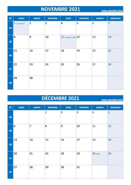 Calendrier novembre décembre 2021, portrait, bleu.