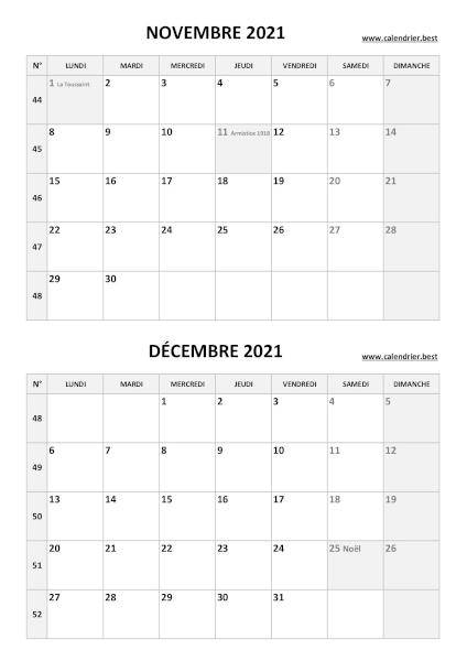Calendrier des mois de novembre et décembre 2021 à imprimer sur une page au format portrait, template gris. Calendrier novembre décembre 2021, portrait, gris.