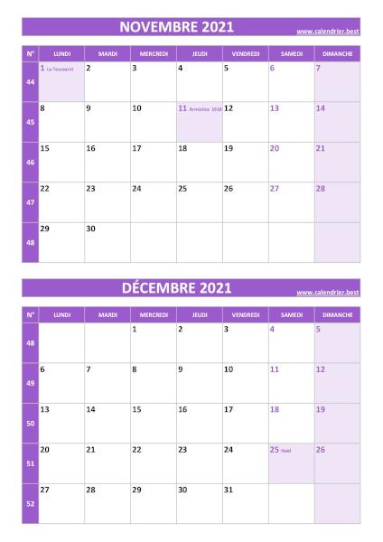 Calendrier des mois de novembre et décembre 2021 à imprimer sur une page au format portrait, template violet. Calendrier novembre décembre 2021, portrait, violet.