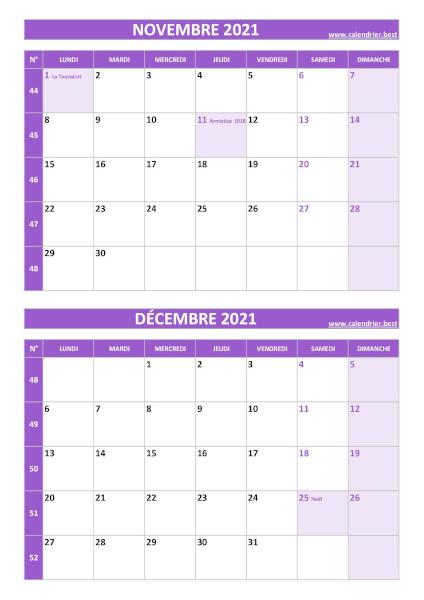 Calendrier novembre décembre 2021, portrait, violet.