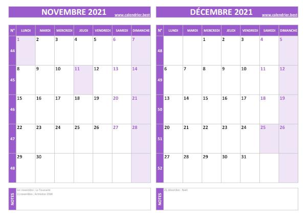 Calendrier de novembre et décembre 2021 à imprimer sur une page au format paysage, template violet. Calendrier novembre décembre 2021.