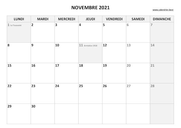 Calendrier Novembre 2021 à imprimer avec jours fériés.