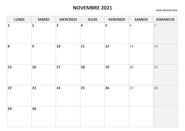 Calendrier Novembre 2021 à imprimer.