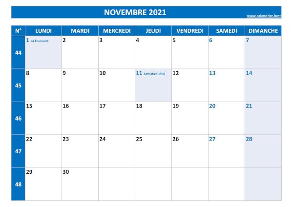 Calendrier novembre 2021 avec semaines.