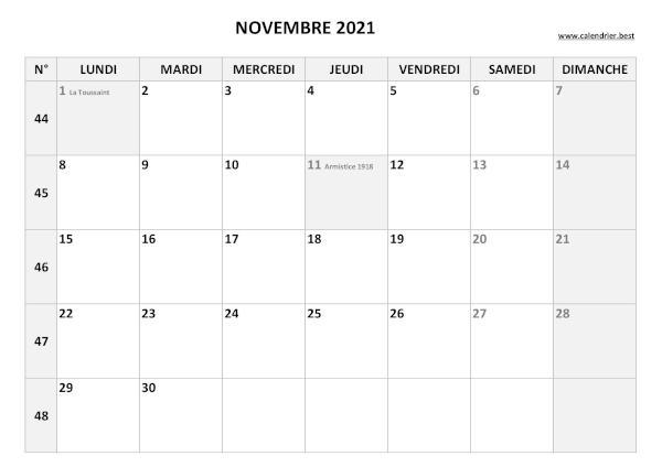 Calendrier Novembre 2021 avec semaines.