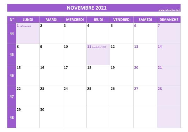 Calendrier du mois de novembre 2021 avec semaines à imprimer.