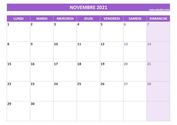 Calendrier mensuel vierge à imprimer, mois de novembre 2021, thème violet. Calendrier novembre 2021 vierge à imprimer.