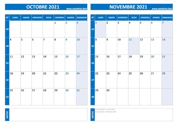 Calendrier d'octobre et novembre 2021 à imprimer sur une page au format paysage, template bleu. Calendrier octobre novembre 2021.