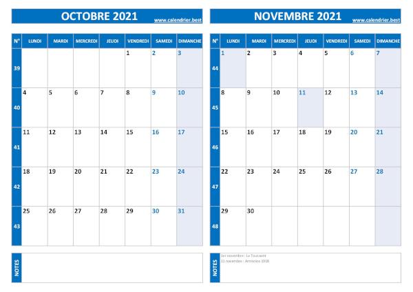 Calendrier octobre novembre 2021.