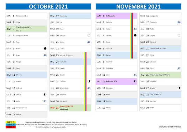 Calendrier des mois d'octobre et novembre 2021 avec fêtes et Saints du jour. Impression sur une page au format A4 paysage. Calendrier octobre novembre 2021 avec saints.