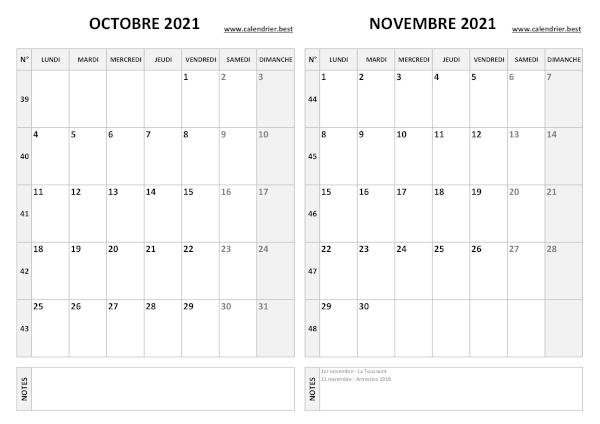 Calendrier octobre novembre 2021.