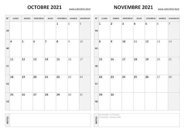 Calendrier d'octobre et novembre 2021 à imprimer sur une page au format paysage, template gris. Calendrier octobre novembre 2021.
