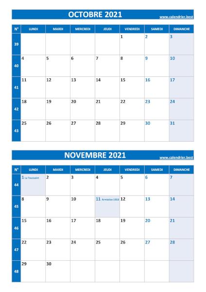 Calendrier des mois d'octobre et novembre 2021 à imprimer ssur une page au format portrait, template bleu. Calendrier octobre novembre 2021, portrait, bleu.