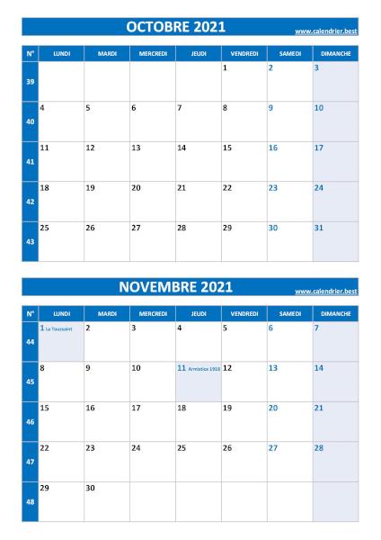 Calendrier octobre novembre 2021, portrait, bleu.