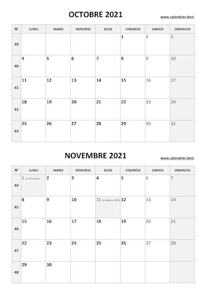 Calendrier des mois d'octobre et novembre 2021 à imprimer sur une page au format portrait, template gris. Calendrier octobre novembre 2021, portrait, gris.