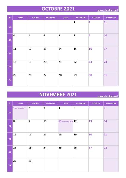 Calendrier octobre novembre 2021, portrait, violet.