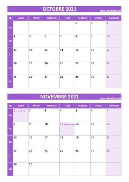 Calendrier des mois d'octobre et novembre 2021 à imprimer sur une page au format portrait, template violet. Calendrier octobre novembre 2021, portrait, violet.