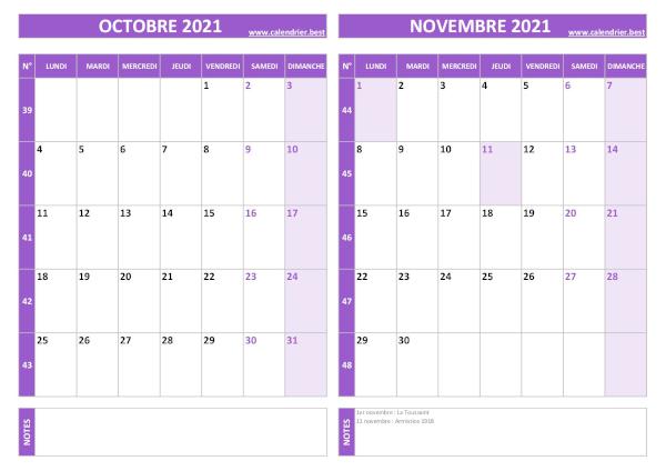 Calendrier d'octobre et novembre 2021 à imprimer sur une page au format paysage, template violet. Calendrier octobre novembre 2021.