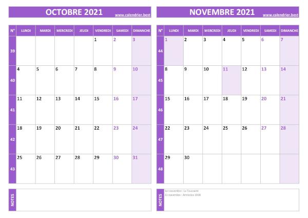 Calendrier octobre novembre 2021.