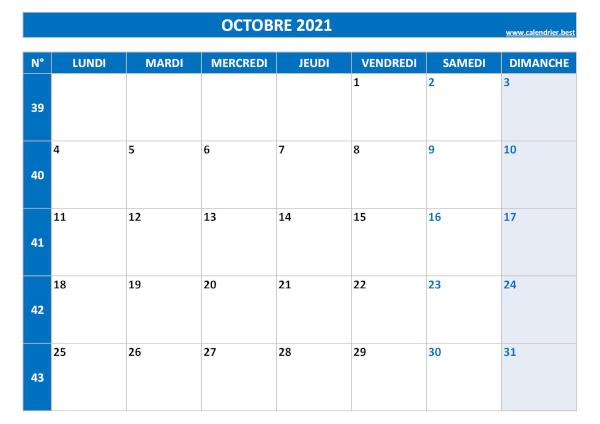 Calendrier du mois d'octobre 2021 avec semaines à imprimer.