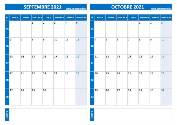 Calendrier de septembre et octobre 2021 à imprimer sur une page au format paysage, template bleu. Calendrier septembre octobre 2021.