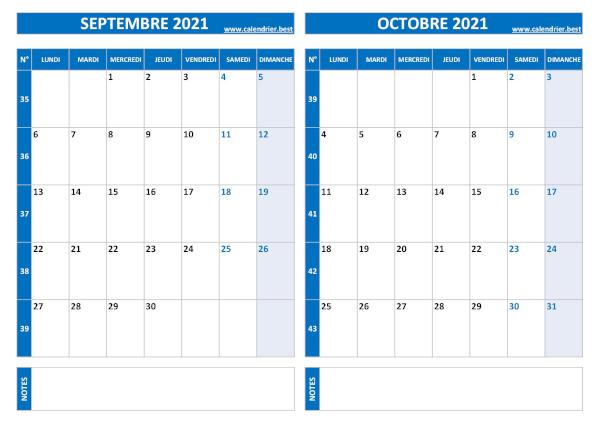 Calendrier septembre octobre 2021.