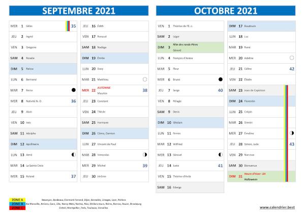 Calendrier des mois de septembre et octobre 2021 avec fêtes et Saints du jour. Impression sur une page au format A4 paysage. Calendrier septembre octobre 2021 avec saints.