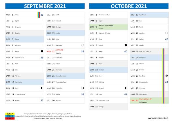 Calendrier septembre octobre 2021 avec saints.