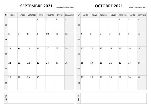 Calendrier de septembre et octobre 2021 à imprimer sur une page au format paysage, template gris. Calendrier septembre octobre 2021.